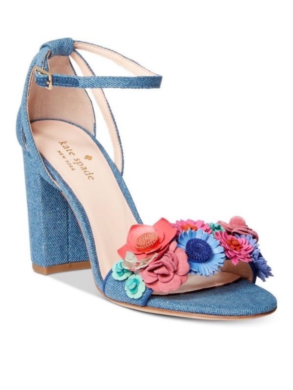 Kate Spade Obelie Blue Denim Floral Block Heel Sandals 7.5